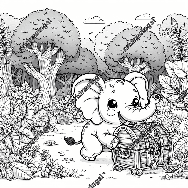 Cute cartoon elephant exploring a treasure chest in a whimsical forest with animated trees, playful animals, and vibrant plants, perfect for coloring.